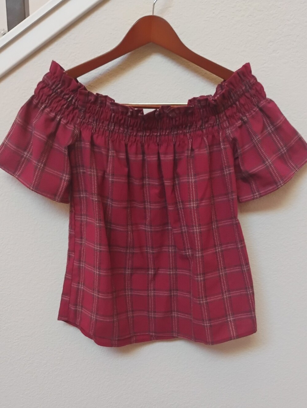 Socialite Red Plaid Off-Shoulder Blouse